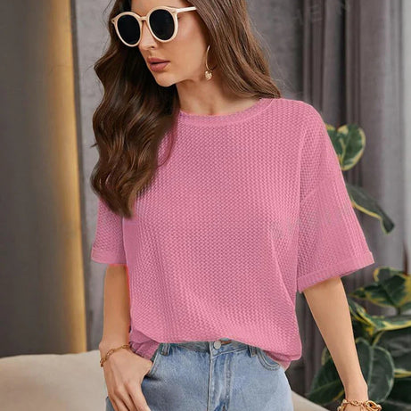 Premium Oversized Waffle Knitted Tee – Pink