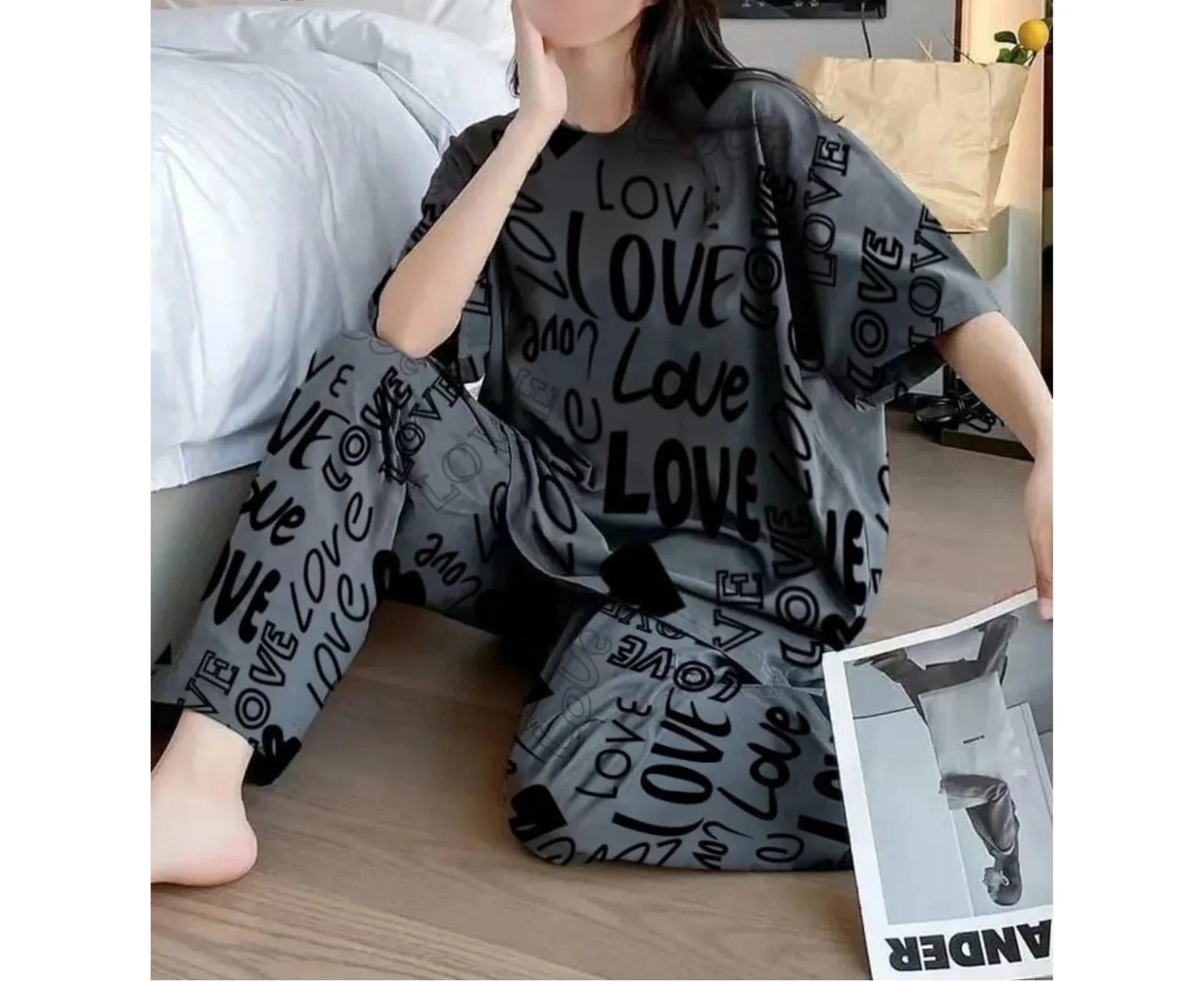 Charcoal Drop Shoulder Printed Night Suit