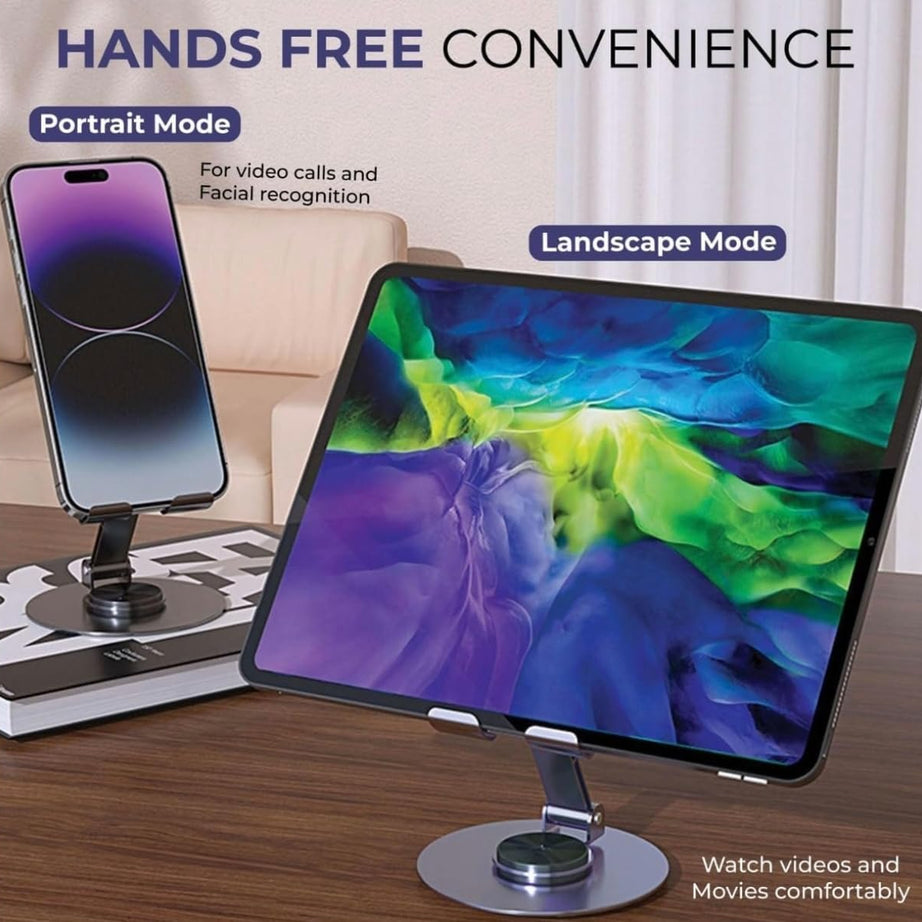 360° Rotating Heavy Metal Universal Mobile Stand with Anti-Slip Base for Desk and more – Foldable & Adjustable Holder
