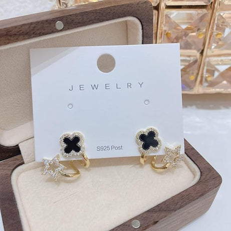 Gold Plated Stone Decor Star Four Leaf Clover Korean Earrings Black Cubic Zirconia Alloy Earring Set For Women