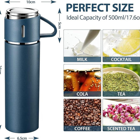 4in1 Stainless Steel Water Bottle 500ml Double Walled Vacuum with 3 Pcs Leak-proof Cups for Gym Home Office and Outdoor Use