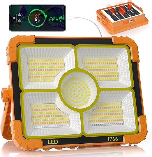 Heavy Duty Portable 100W Rechargeable Work Light with Solar Panel and 5 Modes IP66 Waterproof for Fishing Hiking Repairing