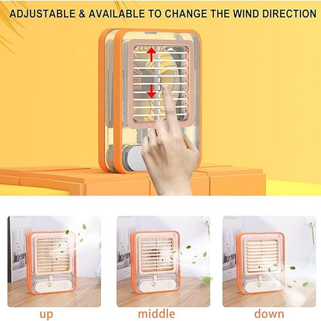 Portable Usb Rechargeable Air Conditioner Fan with 500 ml Water Tank with Mini Humidifier Fan and 7 Colors LED Light, 3 Timer, 3 Wind Speeds, 3 Spray Modes for Office & Home