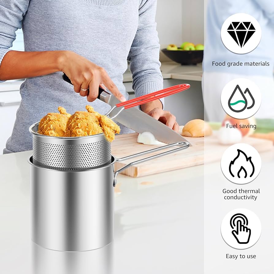 Multi Functional Stainless Steel Rust Resistant 1200ML Deep Fryer Pot with Strainer Basket and Long Handle Kitchen Oil Frying Pot Kettle for Home Use