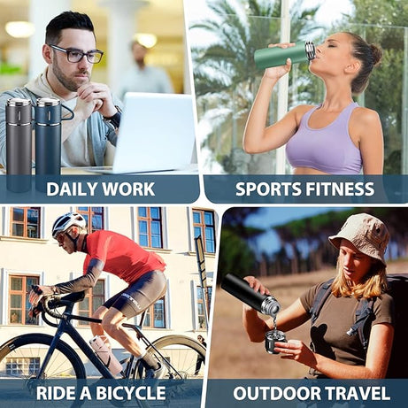 4in1 Stainless Steel Water Bottle 500ml Double Walled Vacuum with 3 Pcs Leak-proof Cups for Gym Home Office and Outdoor Use