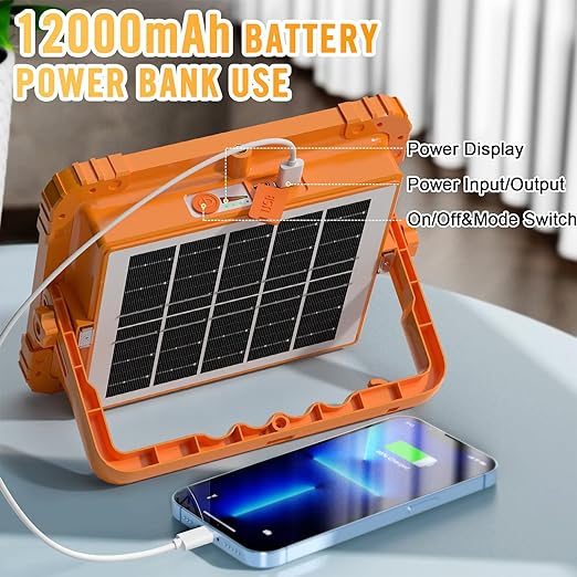 Heavy Duty Portable 100W Rechargeable Work Light with Solar Panel and 5 Modes IP66 Waterproof for Fishing Hiking Repairing