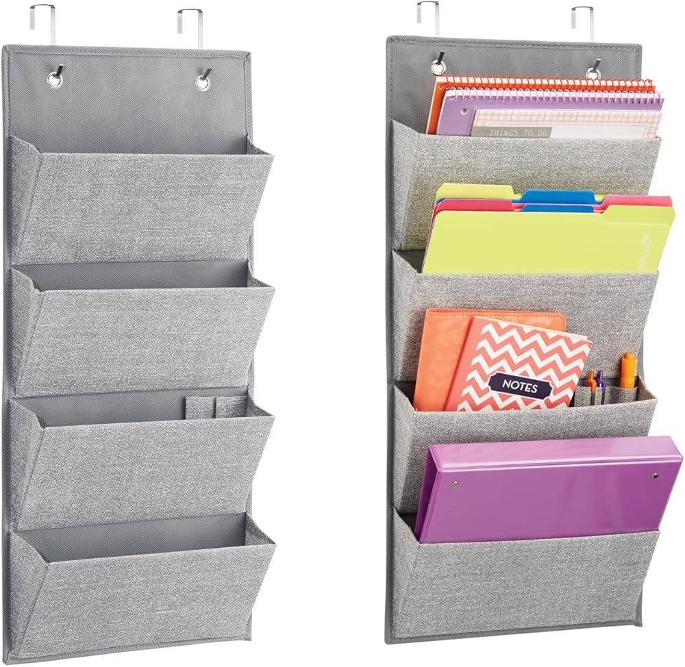 Soft Fabric Wall Mount/Over Door Hanging Storage Organizer With 4 Large Cascading Pockets For Holds Office Supplies, Planners, File Folders, Notebooks