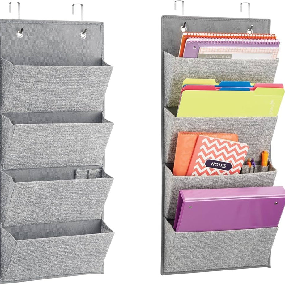 Soft Fabric Wall Mount/Over Door Hanging Storage Organizer With 4 Large Cascading Pockets For Holds Office Supplies, Planners, File Folders, Notebooks