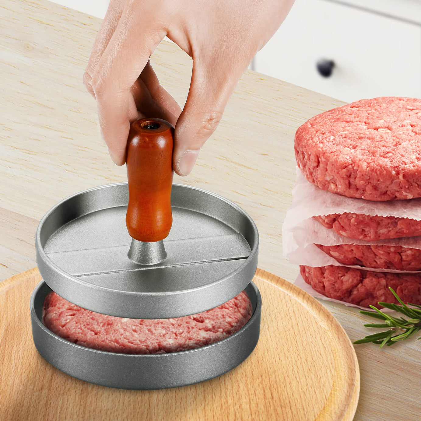 Non Stick Metal Patty Kabab Maker with Press and Wooden Handle Ideal for Perfect Burgers and Breakfast Pancakes Essential Kitchen Tool
