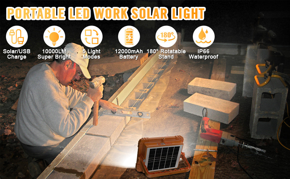 Heavy Duty Portable 100W Rechargeable Work Light with Solar Panel and 5 Modes IP66 Waterproof for Fishing Hiking Repairing