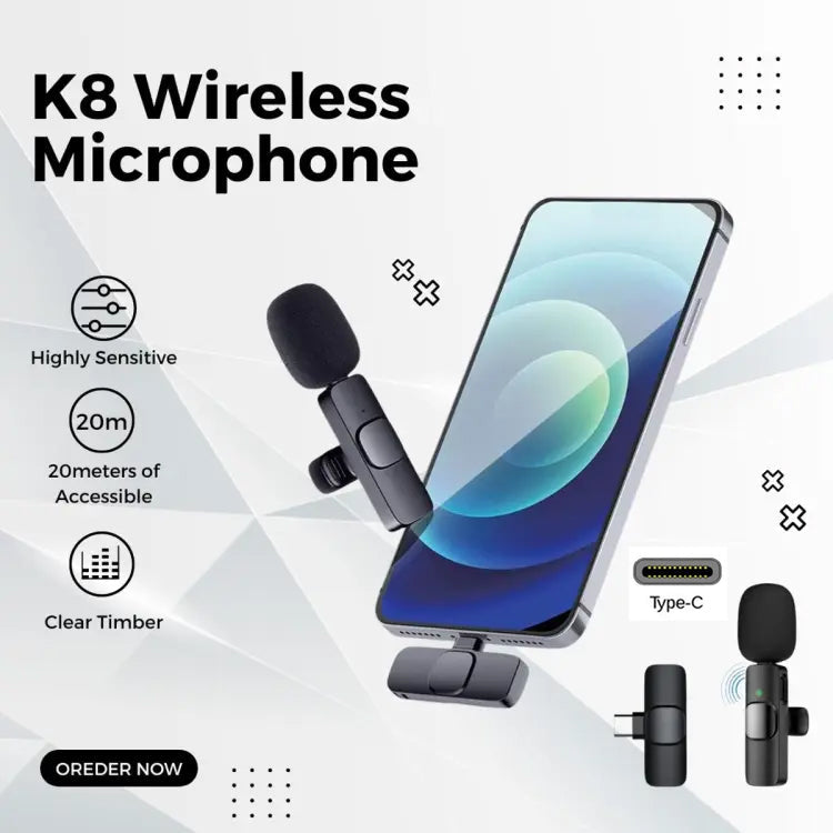 K8 Wireless Portable Universal Microphone High Quality Clear Voice Built-In Noise Reduction Chip and Easy Plug Play with Mini Collar Clip for Mobile Phone
