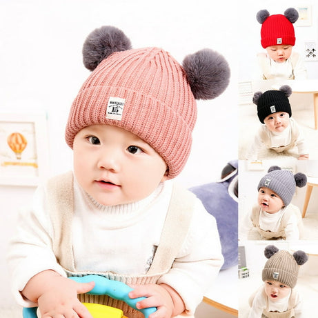 Woolen Warm Double Pom Pom Cap Beanie Hat and Muffler Winter Accessories for Baby Boys and Girls