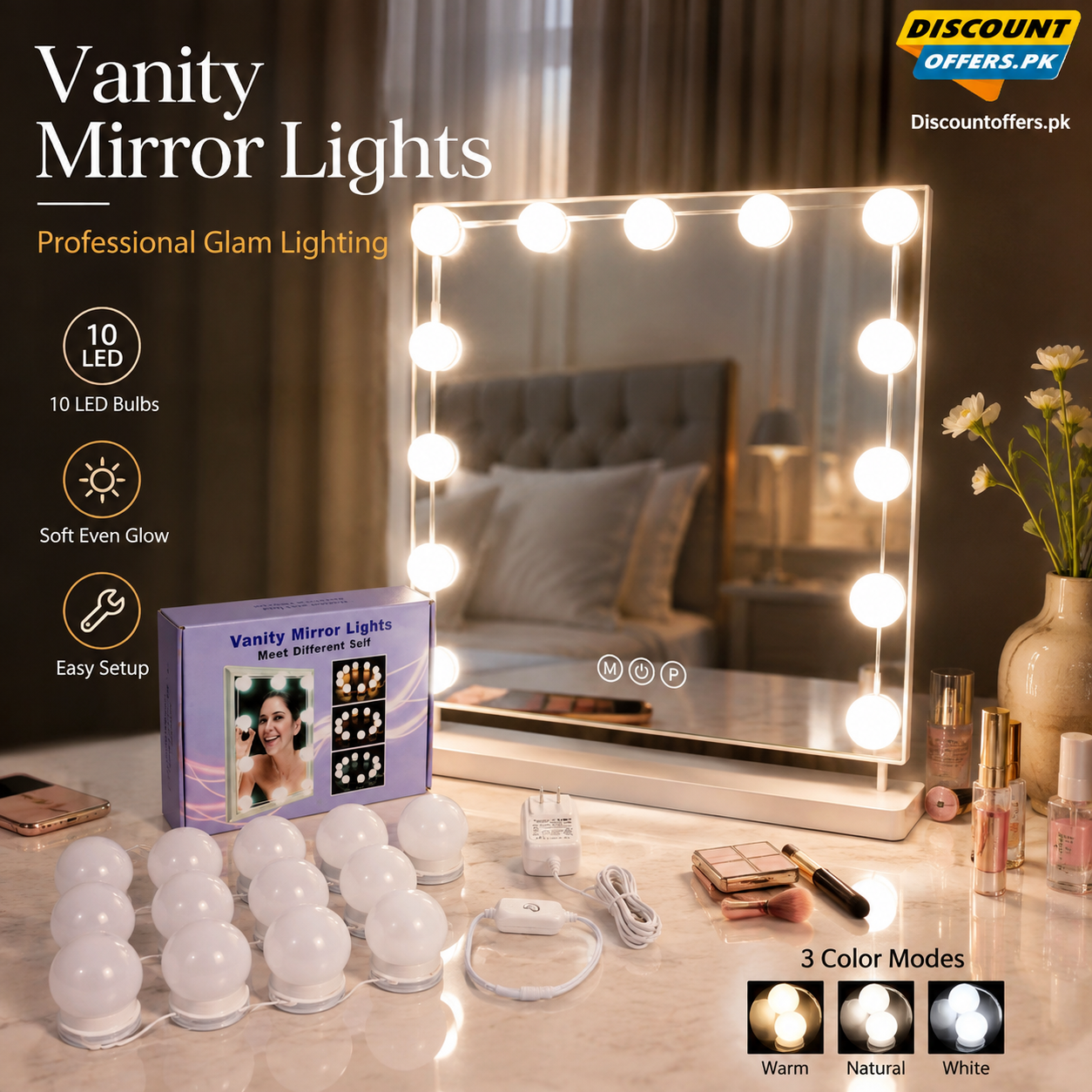 Vanity Light LED Bulbs for Makeup Mirror Stand | 10 Bulbs with 3 Light Modes