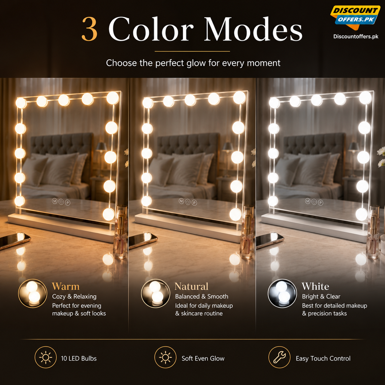 Vanity Light LED Bulbs for Makeup Mirror Stand | 10 Bulbs with 3 Light Modes