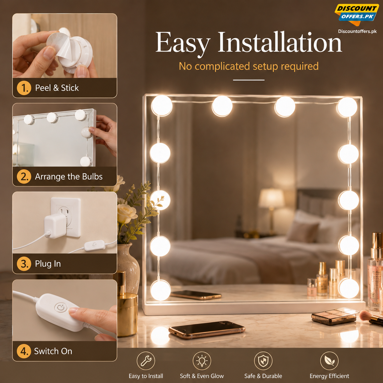 Vanity Light LED Bulbs for Makeup Mirror Stand | 10 Bulbs with 3 Light Modes