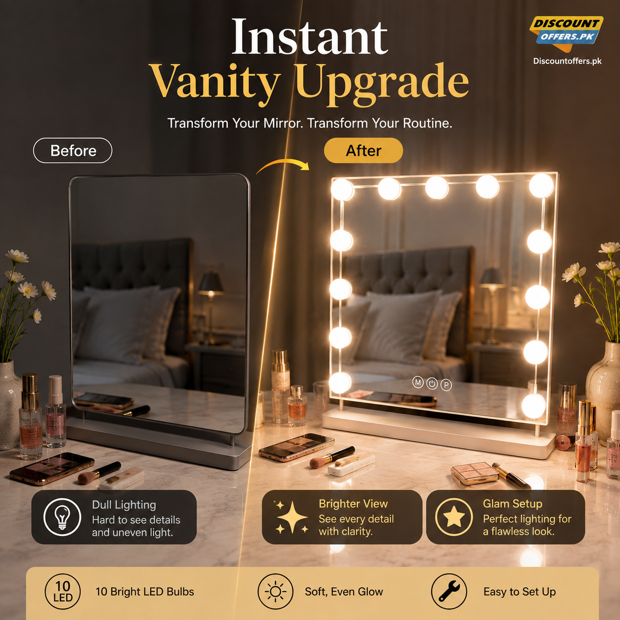Vanity Light LED Bulbs for Makeup Mirror Stand | 10 Bulbs with 3 Light Modes