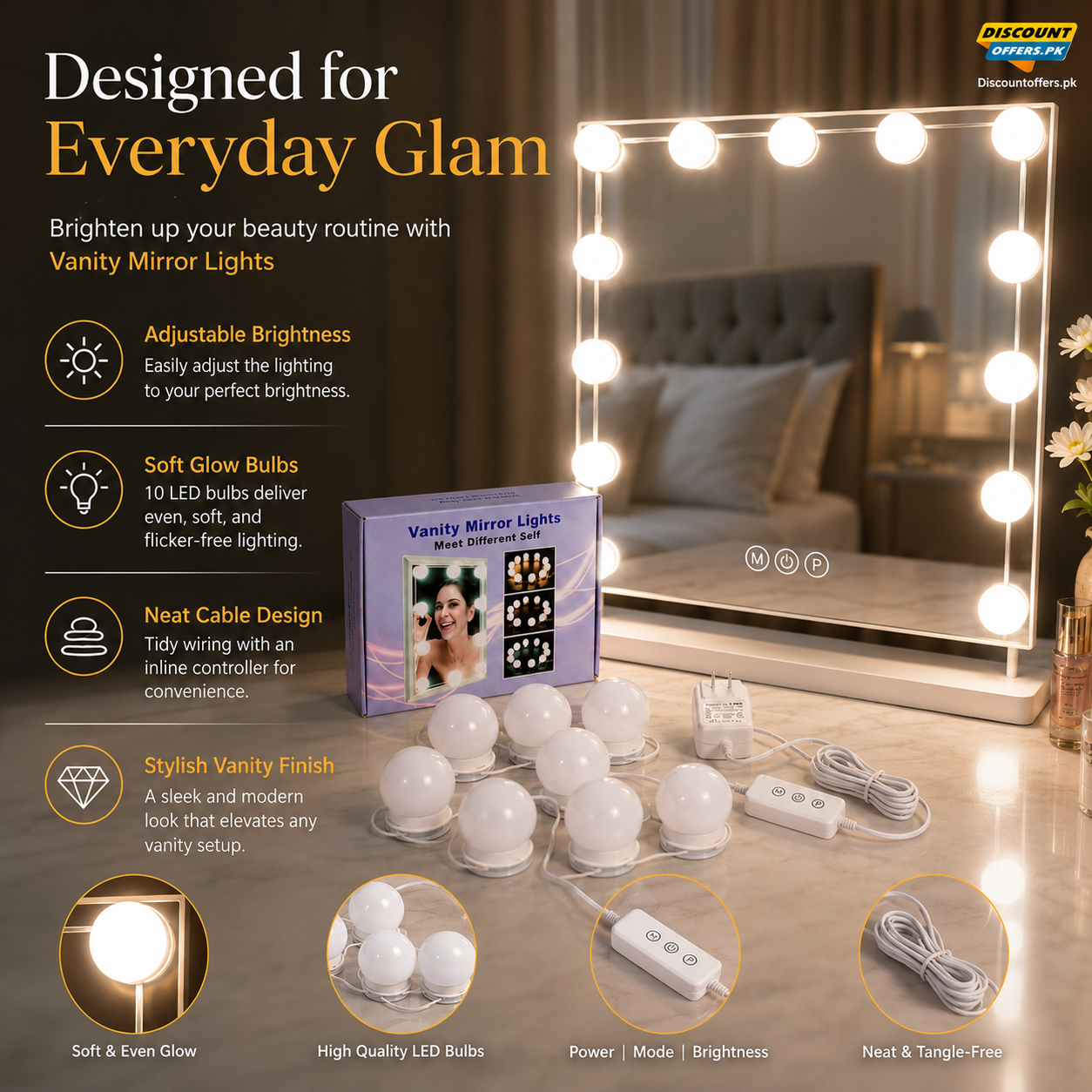 Vanity Light LED Bulbs for Makeup Mirror Stand | 10 Bulbs with 3 Light Modes