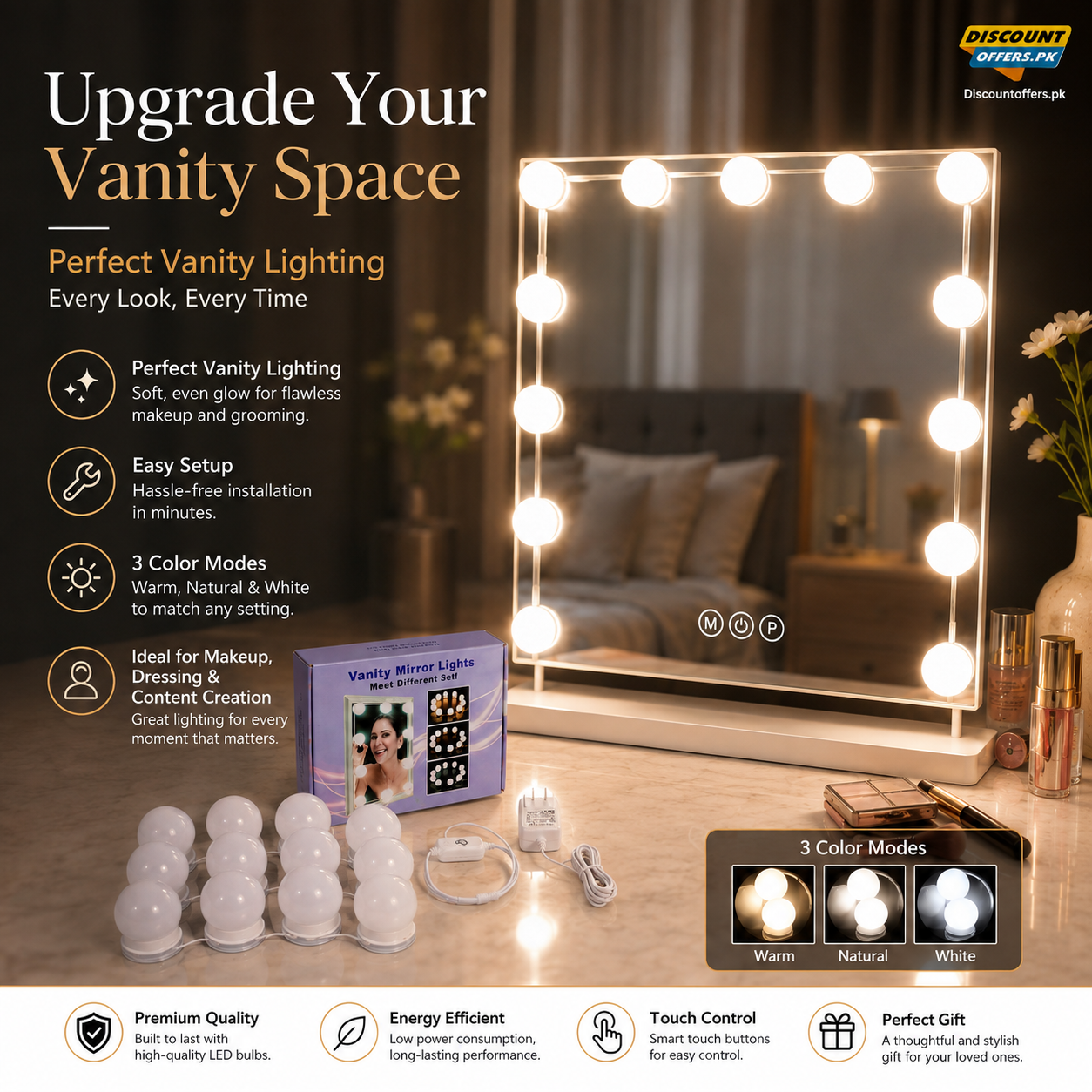Vanity Light LED Bulbs for Makeup Mirror Stand | 10 Bulbs with 3 Light Modes