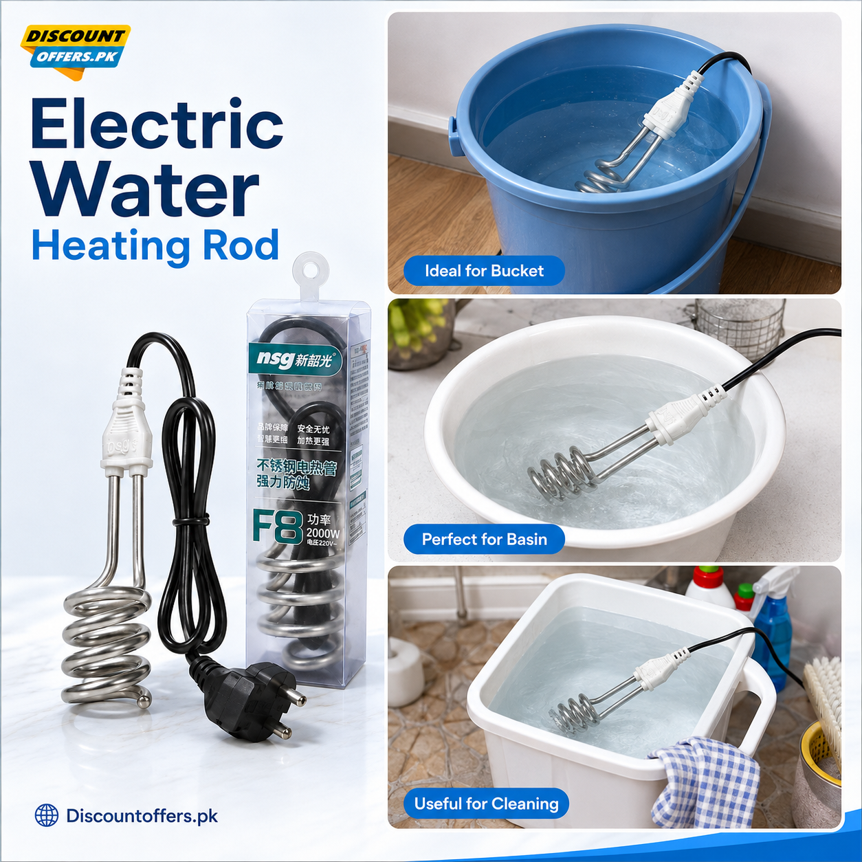 Electric Water Heating Rod for Heating Water in container like Bucket Basin Bath tub mini inflatable Swimming Pool and More
