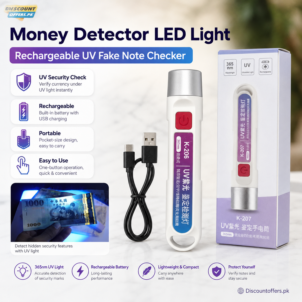 Rechargeable UV Money Detector Light – Fake Note Checker