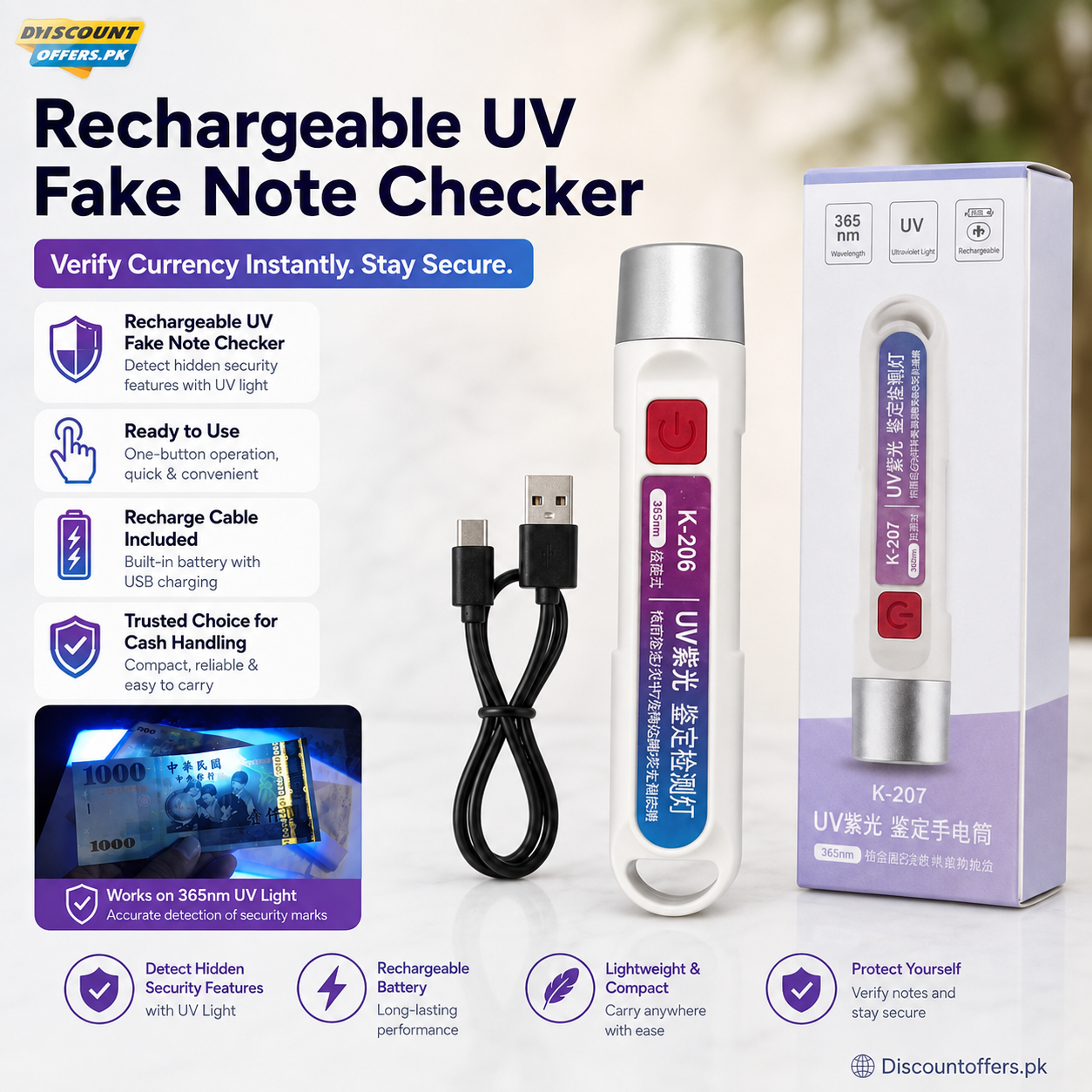 Rechargeable UV Money Detector Light – Fake Note Checker