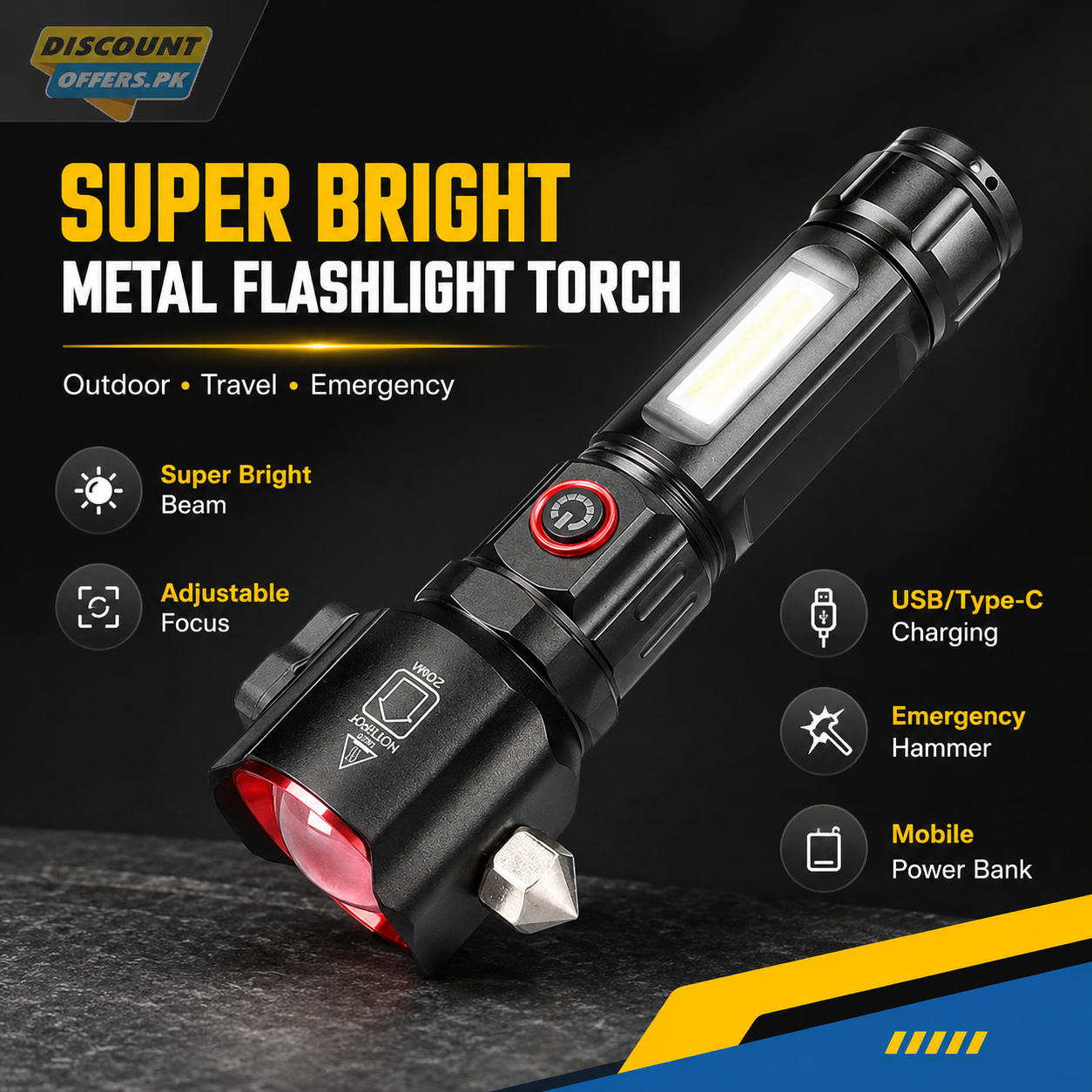 Super Bright Metal FlashLight Torch with adjustable focus Hammer and Mobile Power Bank