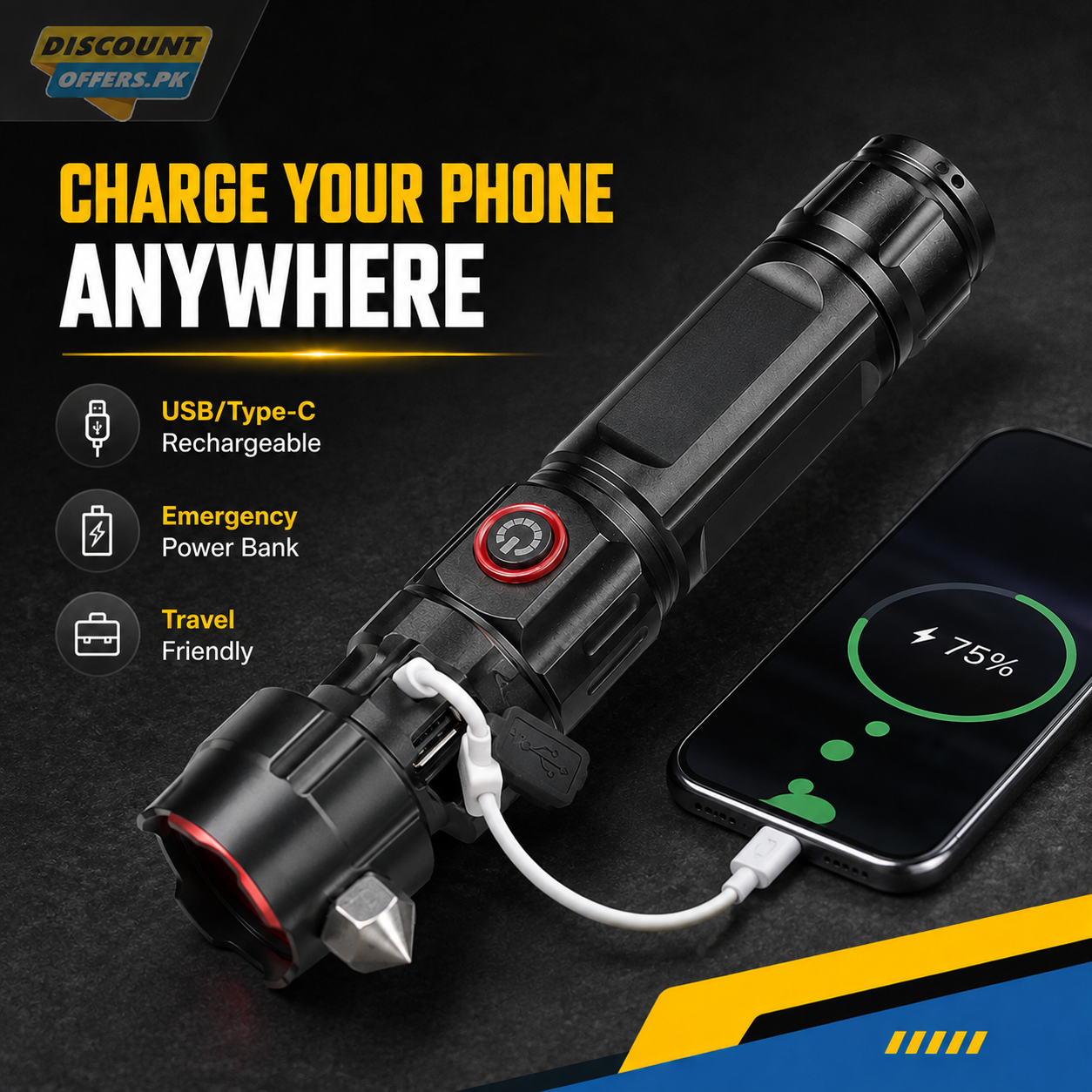 Super Bright Metal FlashLight Torch with adjustable focus Hammer and Mobile Power Bank