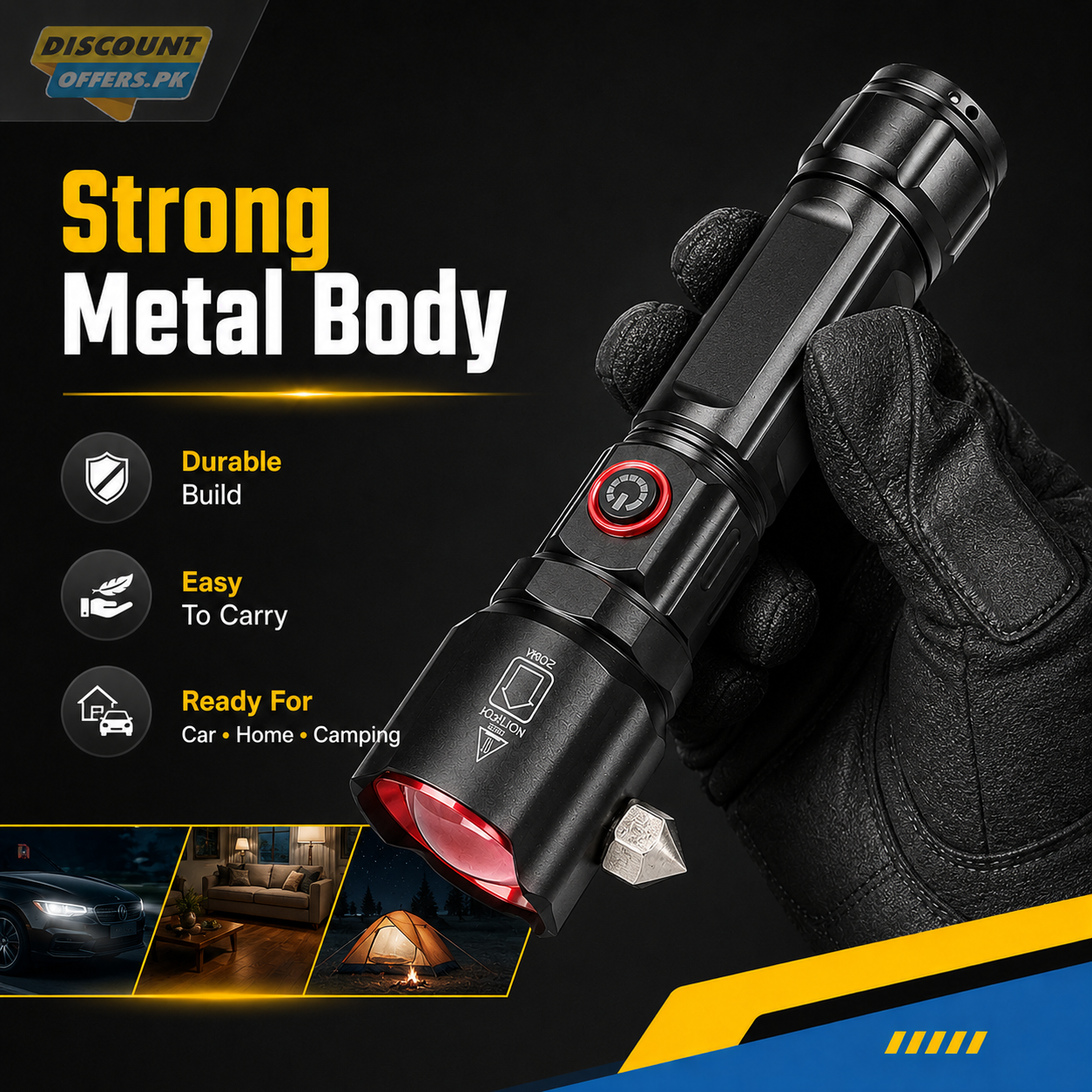 Super Bright Metal FlashLight Torch with adjustable focus Hammer and Mobile Power Bank