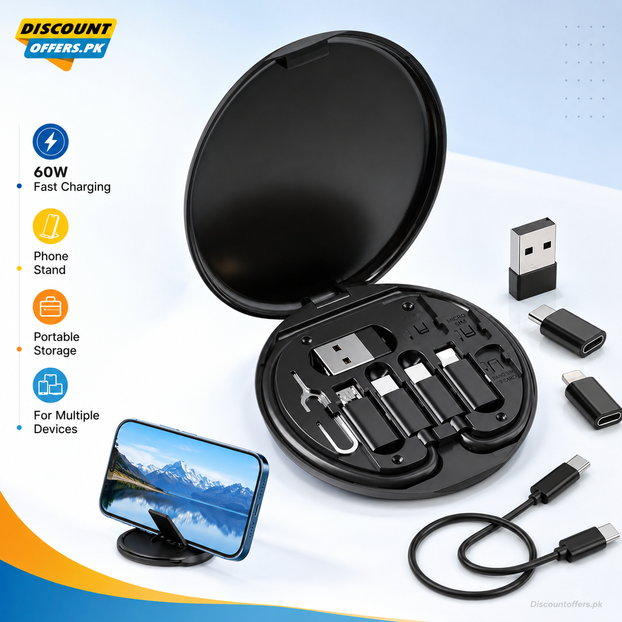 5 in 1 Portable Multifunctional 60W Charging Data Cable Set and Mobile Phone Holder Storage Box For All Devices