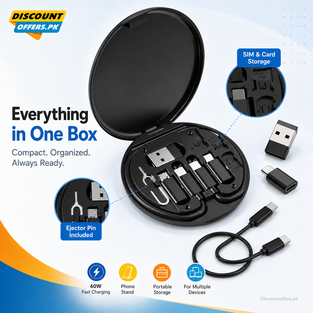5 in 1 Portable Multifunctional 60W Charging Data Cable Set and Mobile Phone Holder Storage Box For All Devices