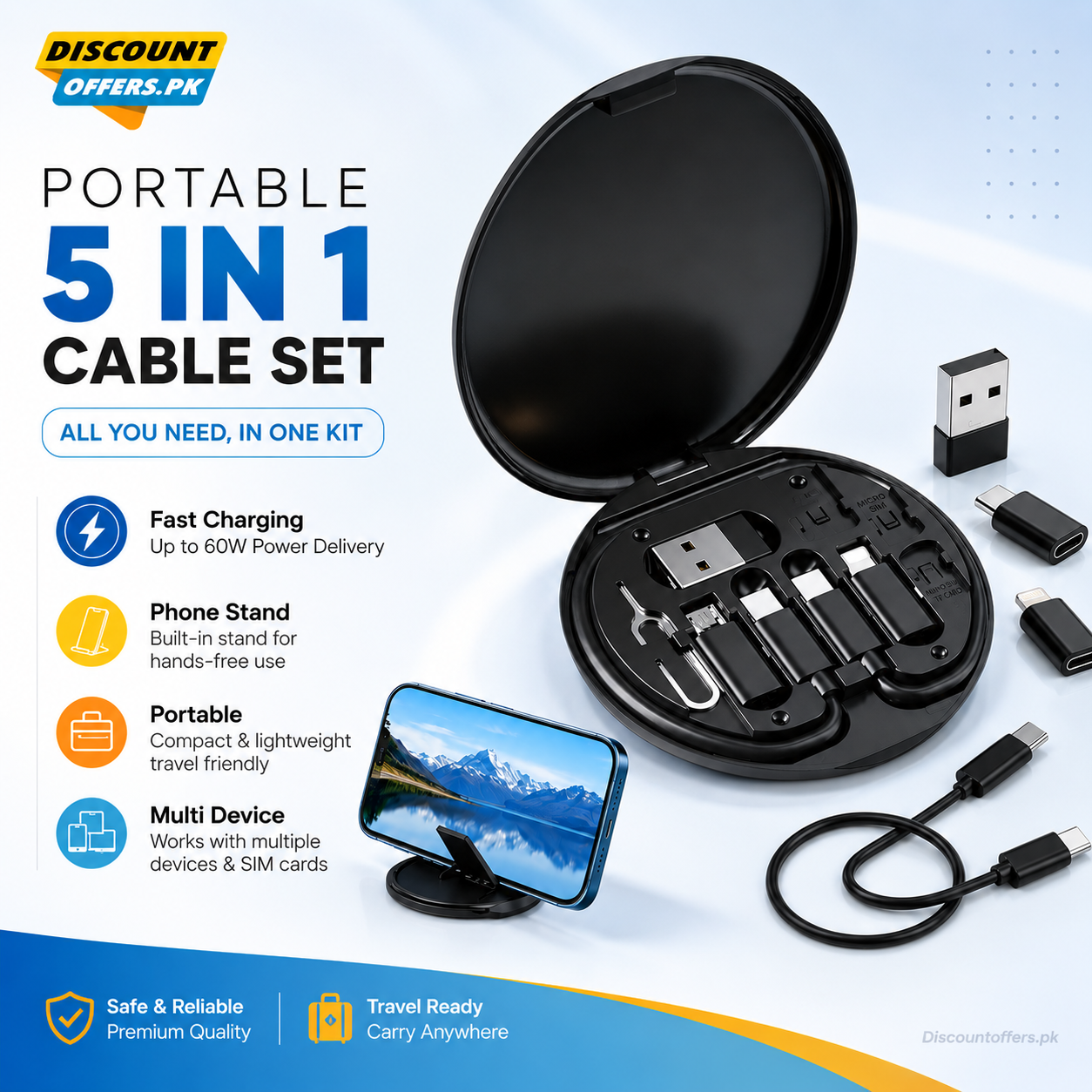5 in 1 Portable Multifunctional 60W Charging Data Cable Set and Mobile Phone Holder Storage Box For All Devices