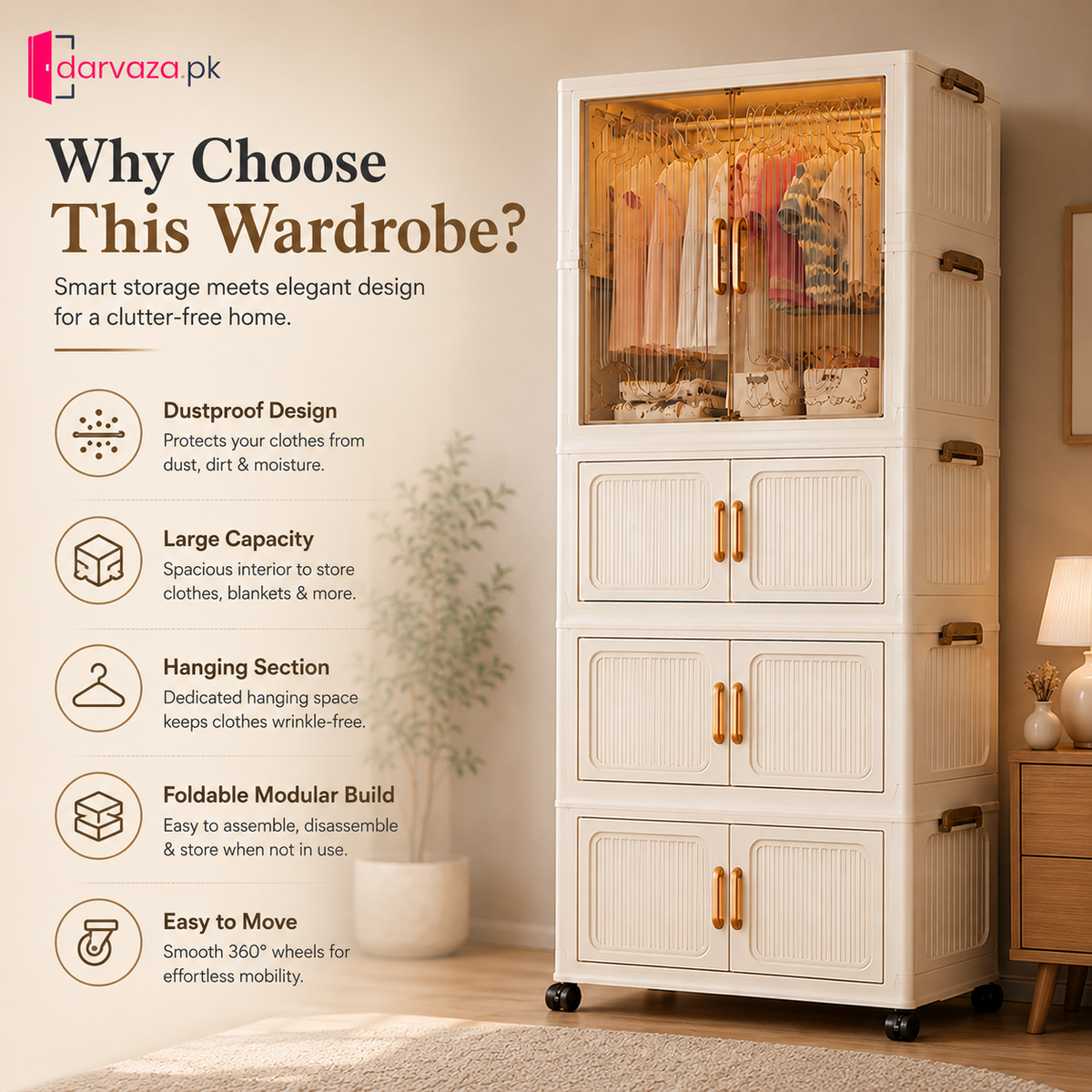 Premium Modular Plastic Wardrobe with Hanging Section – Foldable Dustproof Clothes Storage Cabinet