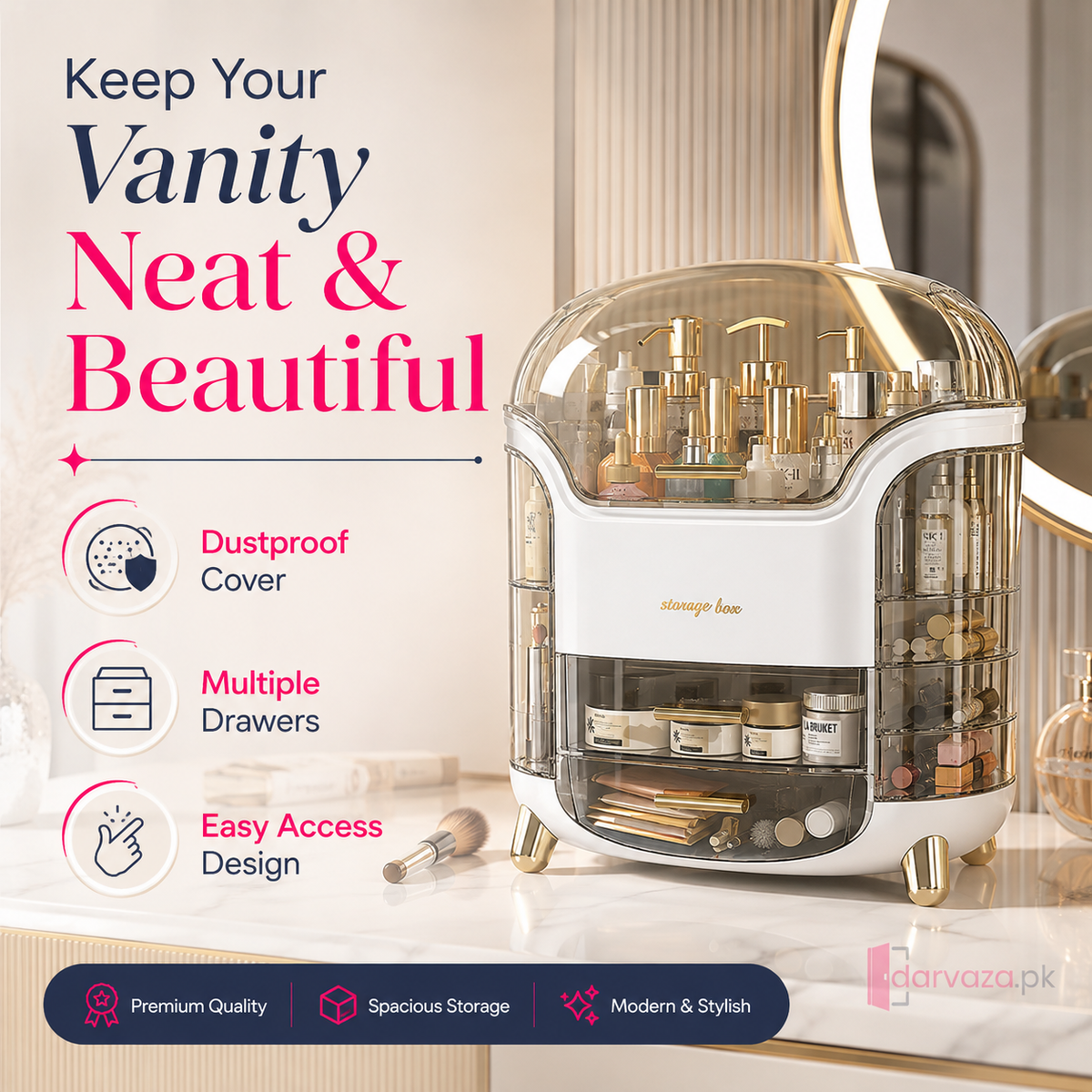 Luxury Dustproof Cosmetic Organizer with Transparent Cover & Multi-Drawer Storage | Makeup & Skincare Storage Box