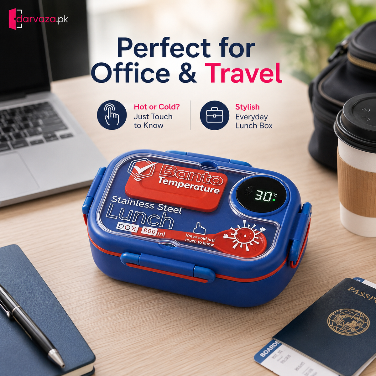 Banto Smart Temperature Stainless Steel Lunch Box – 800ml Leak-Proof Bento Box with Digital Display & Built-In Spoon