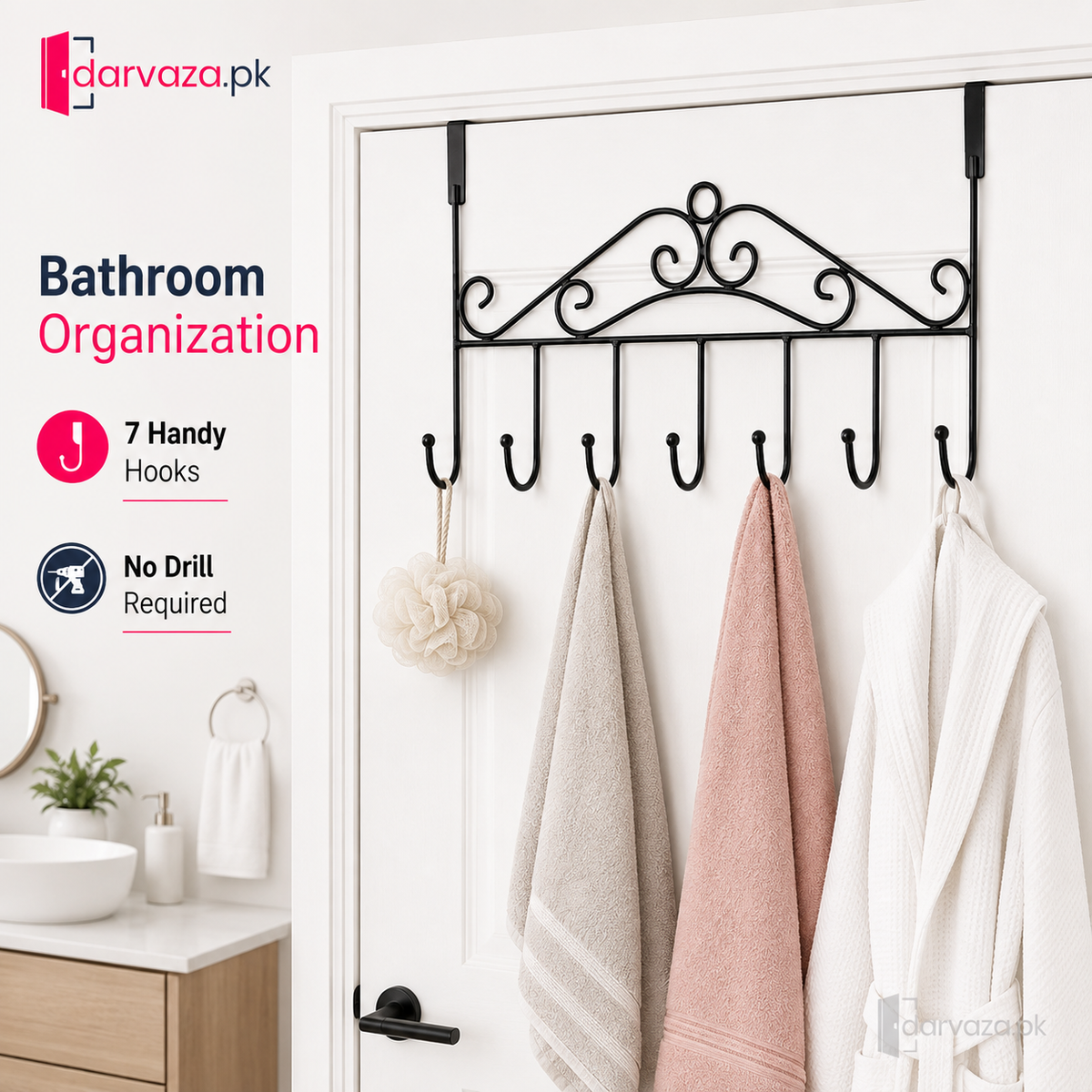 Pack of 2 Premium 7-Hook Over-the-Door Organizer | No-Drill Metal Towel, Bag & Accessory Hanger