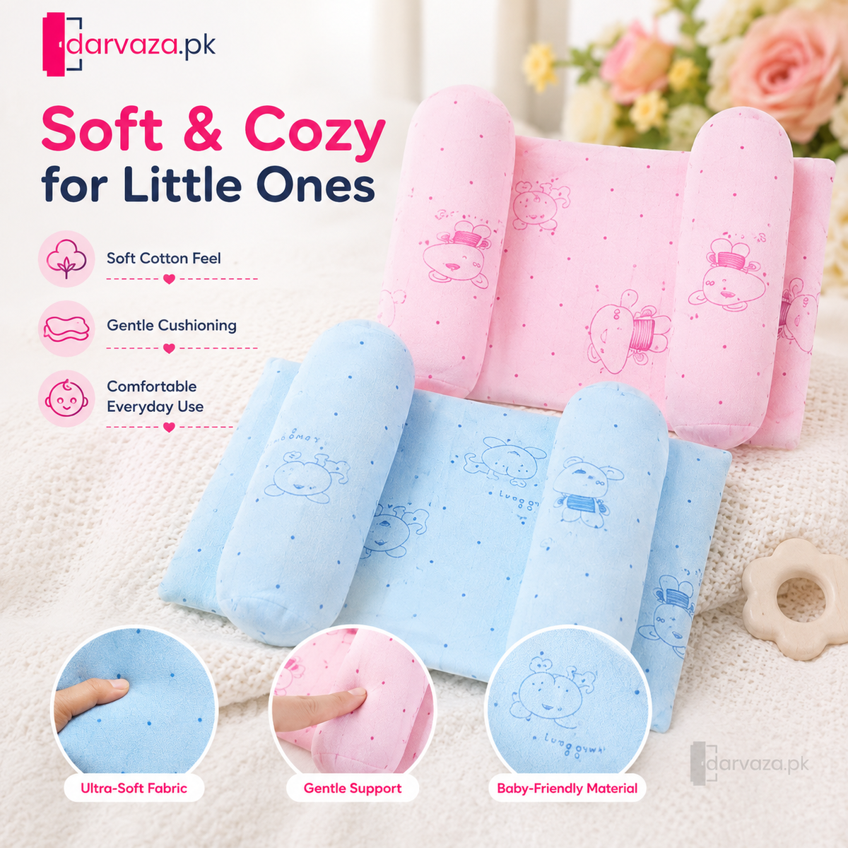 Pack of 2 Baby Head Support Pillow with Side Bolsters – Soft & Comfortable