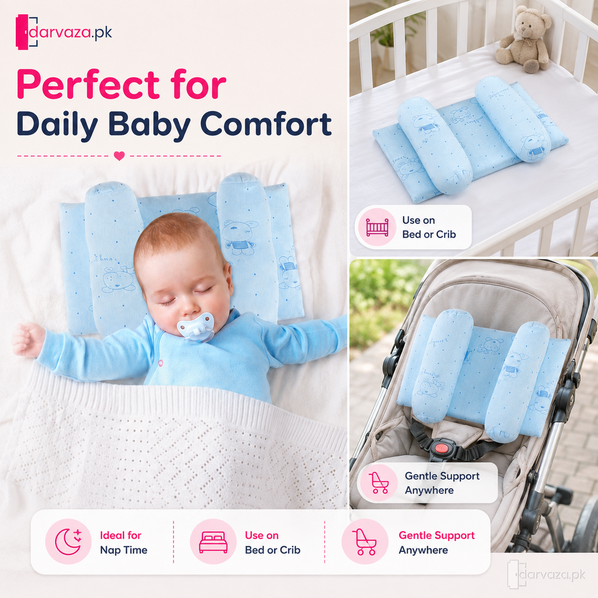 Pack of 2 Baby Head Support Pillow with Side Bolsters – Soft & Comfortable