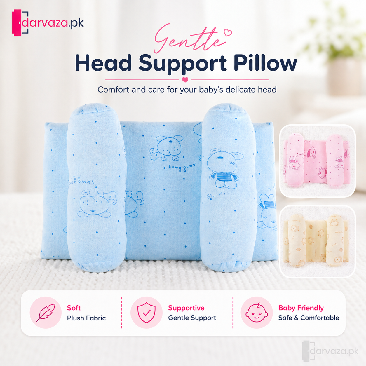 Pack of 2 Baby Head Support Pillow with Side Bolsters – Soft & Comfortable