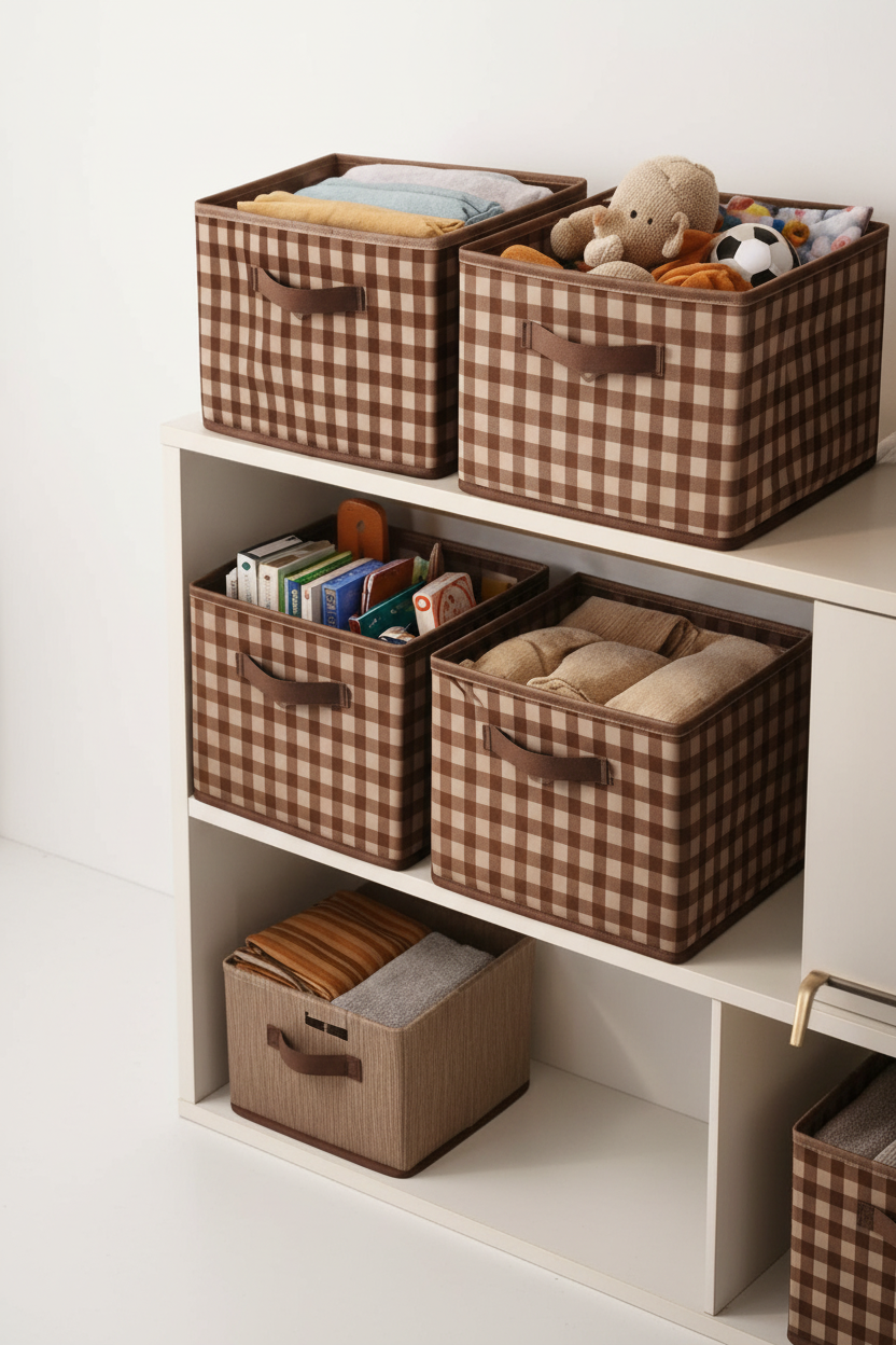 4 Pcs Brown Checkered Storage Cubes - Premium Foldable Closet Organizer Bins with Handles for Clothes, Toys & Accessories