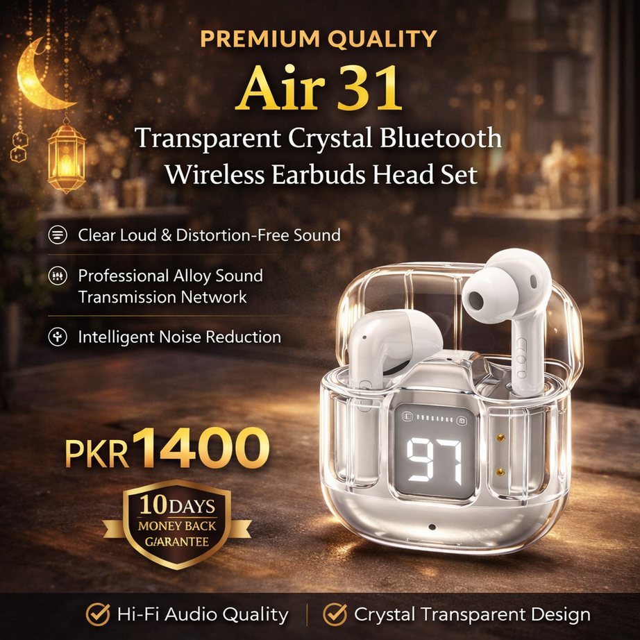 Azaadi Sale Offer Premium Quality Air 31 Transparent Crystal Bluetooth Wireless Earbuds Head Set for Clear Loud & Distortion Free Sound