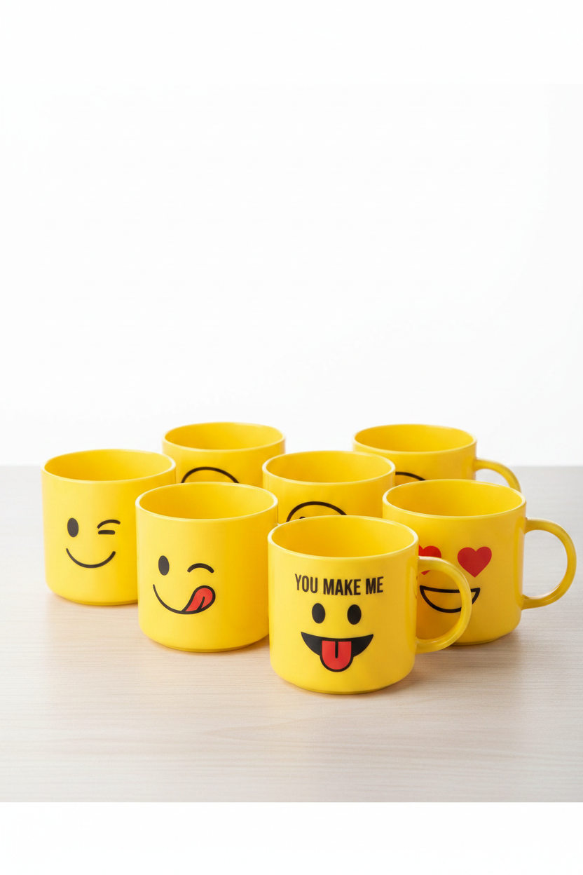 Pack of 6 Yellow Smile Emoji Plastic Mug Set