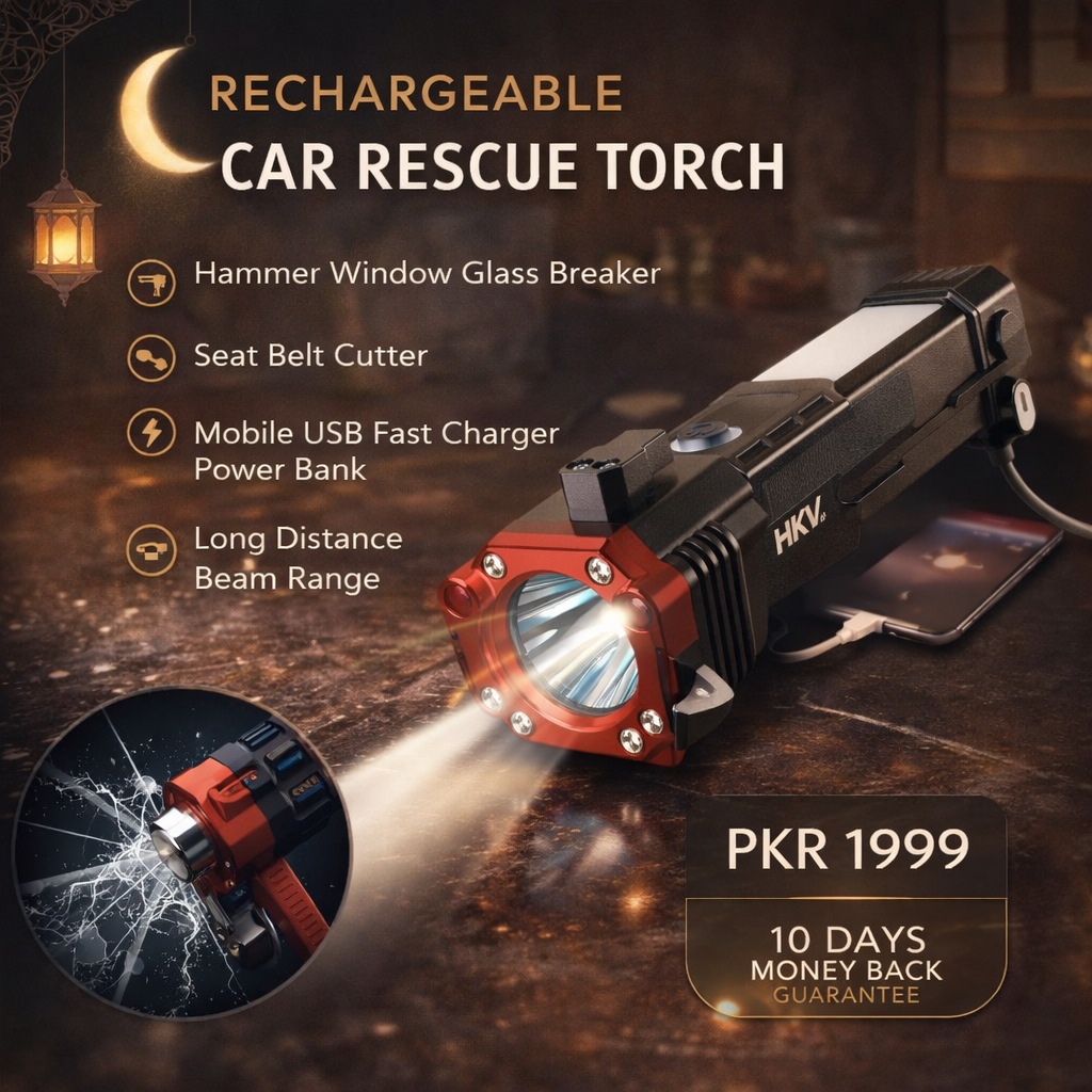 Rechargeable Long Distance Beam Range Car Rescue Torch with Hammer Window Glass and Seat Belt Cutter Built in Mobile USB Fast Charger Power Bank