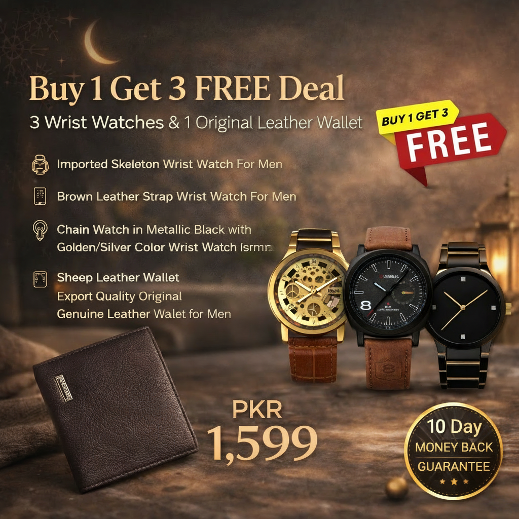Buy 1 Get 3 Free Deal 3 Wrist Watches & 1 Original Leather Wallet