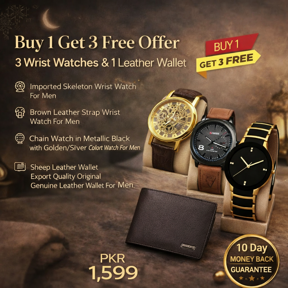 Buy 1 Get 3 Free Deal 3 Wrist Watches & 1 Original Leather Wallet Rs 1599
