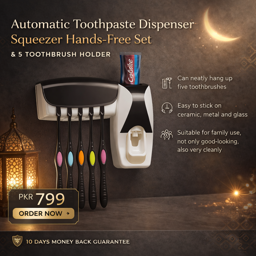 Automatic Toothpaste Dispenser Squeezer Hands Free Set and 5 Toothbrush Holder