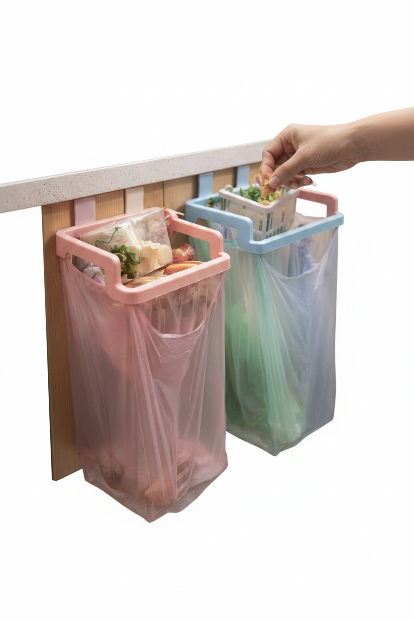 (Pack of 3) Reusable Plastic Bag Holder Rack Over the Cabinet Garbage Container For Kitchen and More