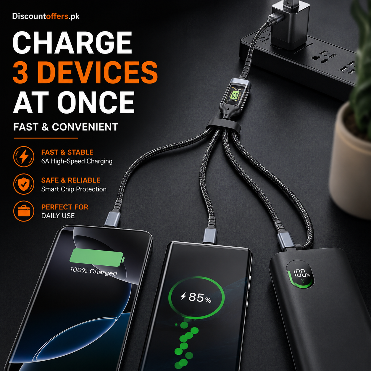 3 in 1 Multiple Interfaces 100W USB Charging Cable with Intelligent Support and Visual Power For Home and Outdoor Use