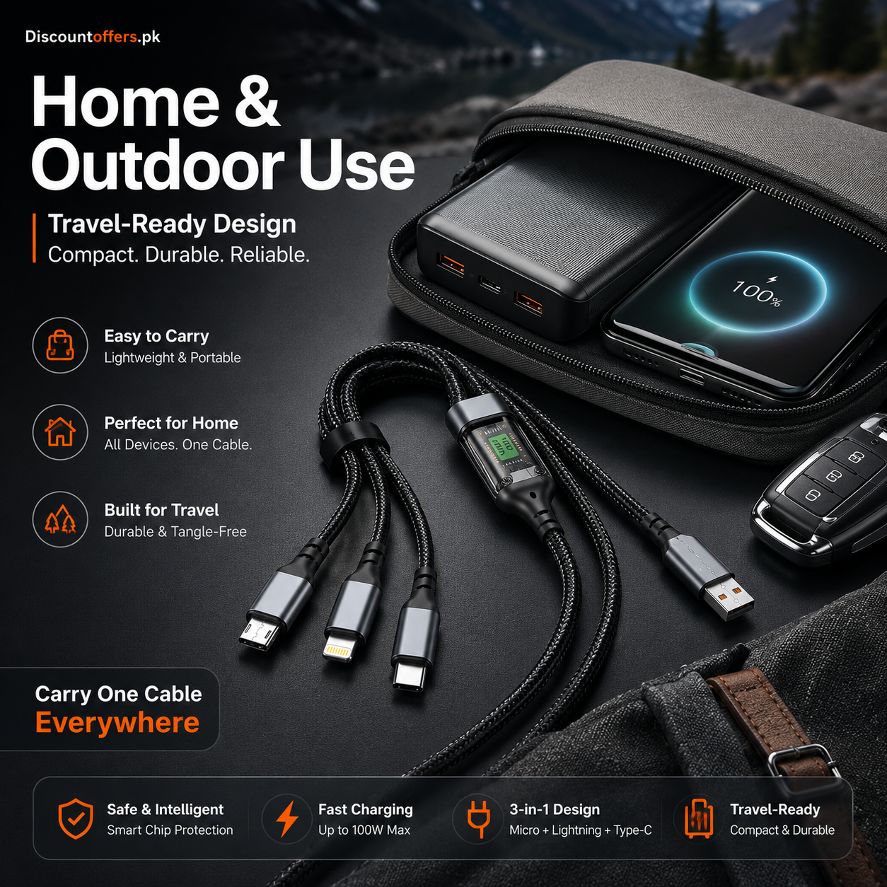 3 in 1 Multiple Interfaces 100W USB Charging Cable with Intelligent Support and Visual Power For Home and Outdoor Use