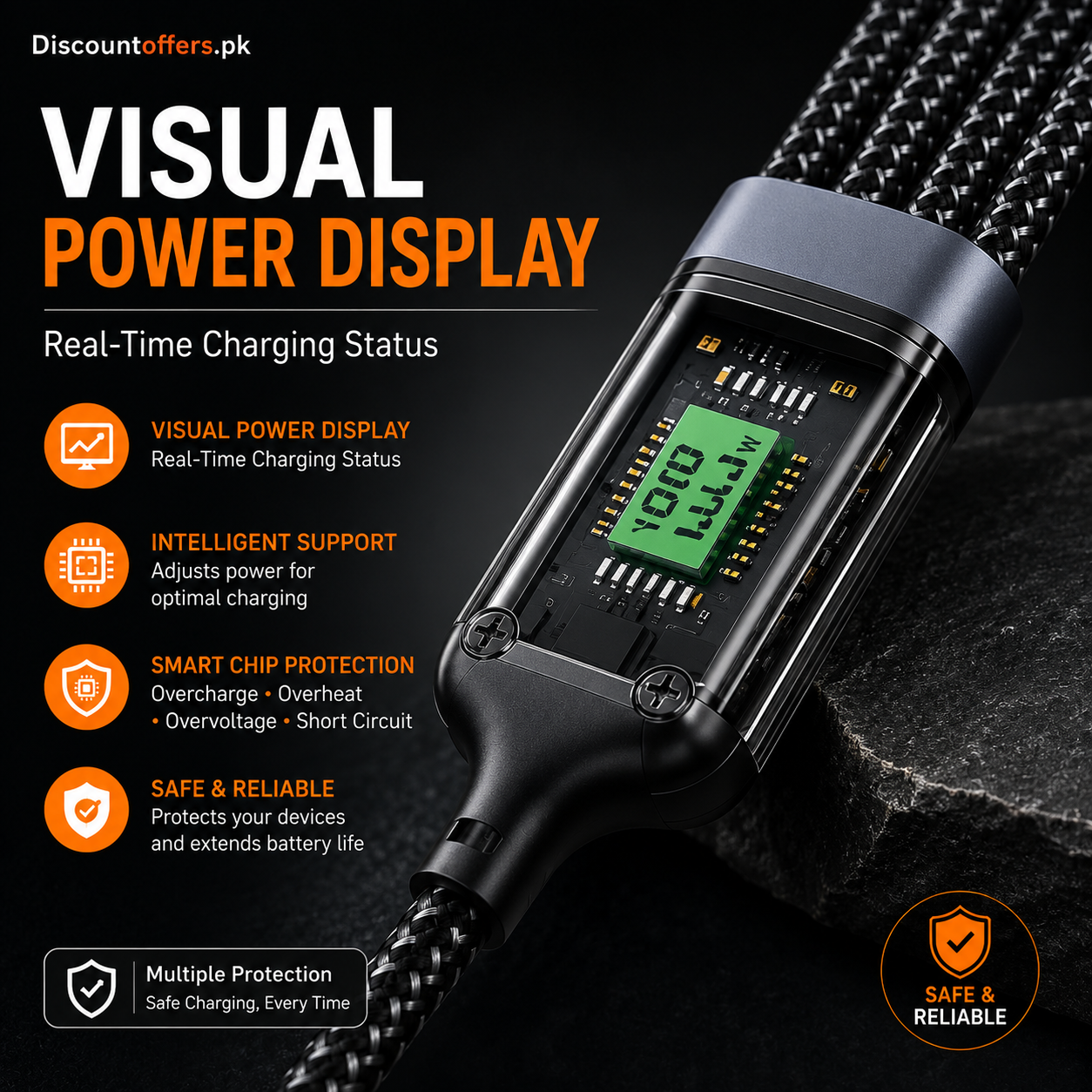 3 in 1 Multiple Interfaces 100W USB Charging Cable with Intelligent Support and Visual Power For Home and Outdoor Use