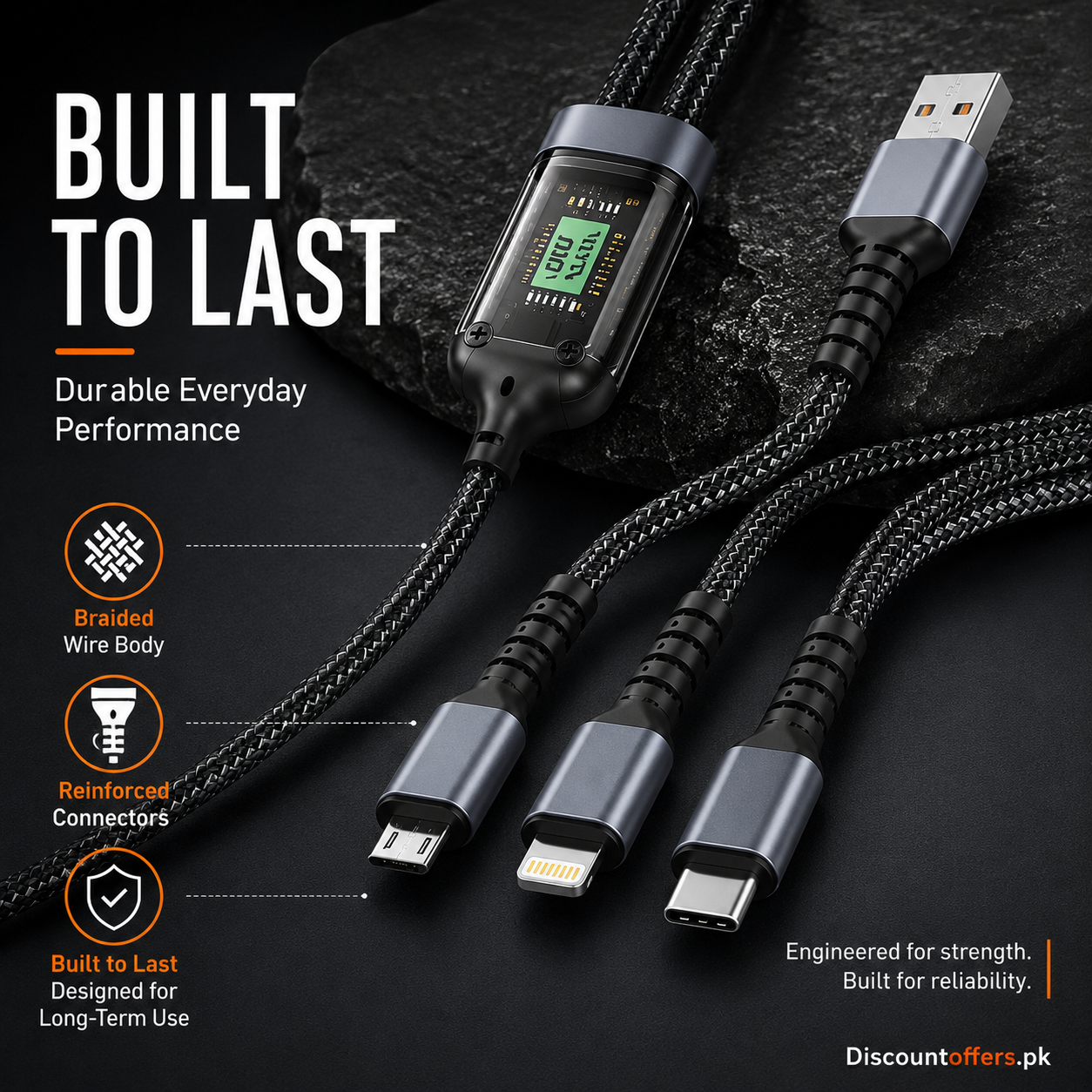 3 in 1 Multiple Interfaces 100W USB Charging Cable with Intelligent Support and Visual Power For Home and Outdoor Use